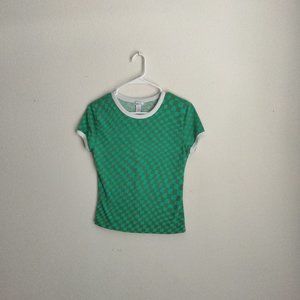 Green Checkered Cotton T-Shirt Tee Size M